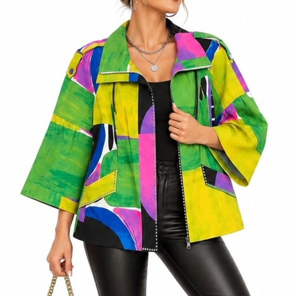 Berek Jacket Women L Multicolor Art to Wear Abstract Ruffle Sleeve Statement